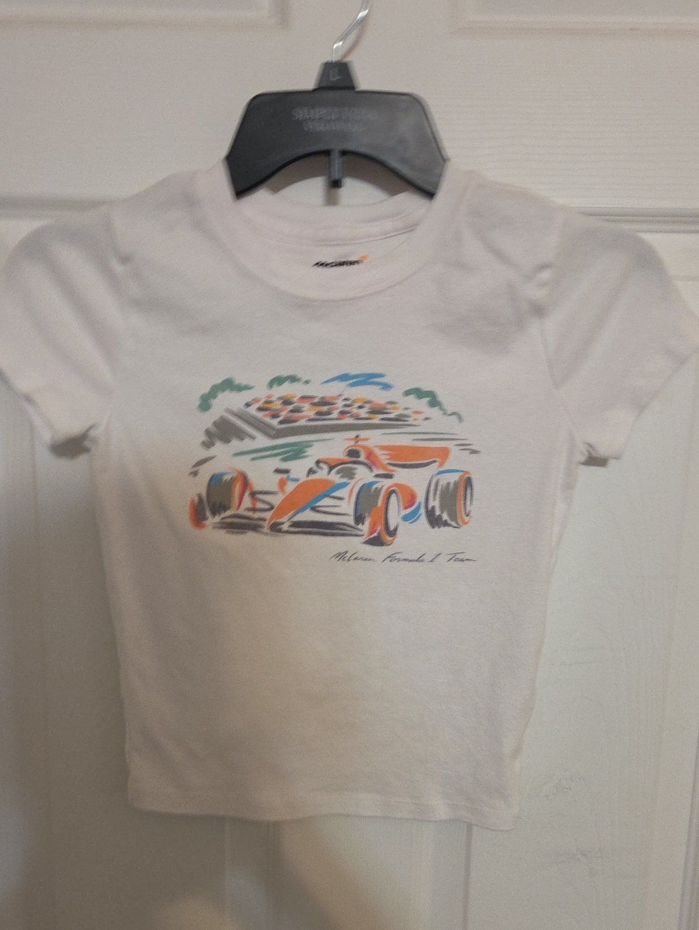 Hollister White Crop Top with Orange & Blue Racing Car Graphic
